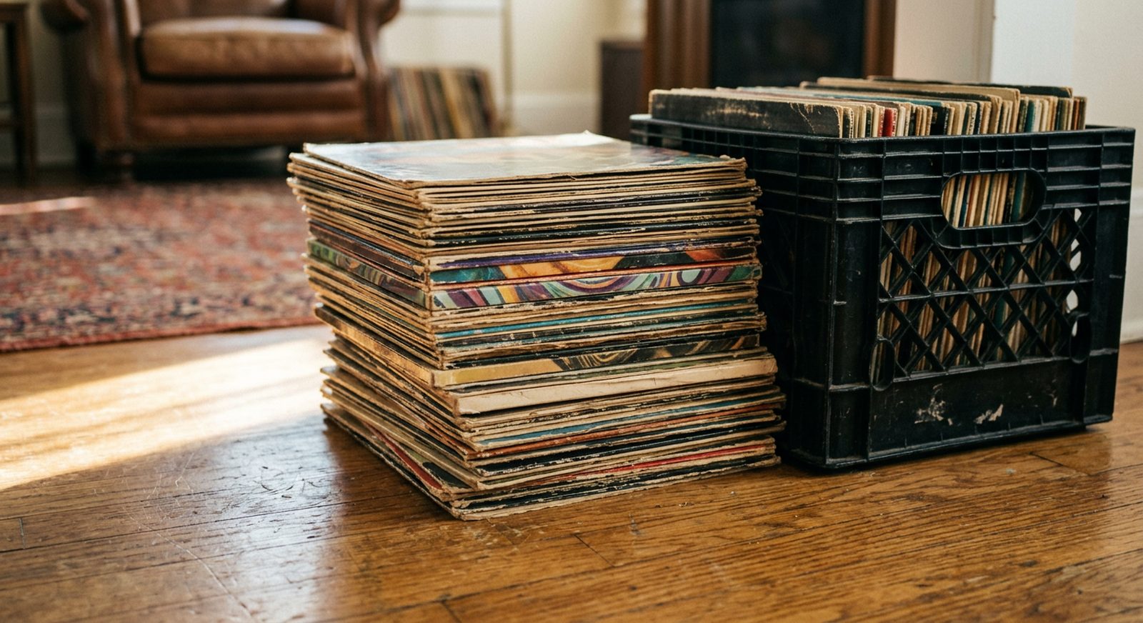 A leaning stack of vinyl records in worn cardboard sleeves on a hardwood floor