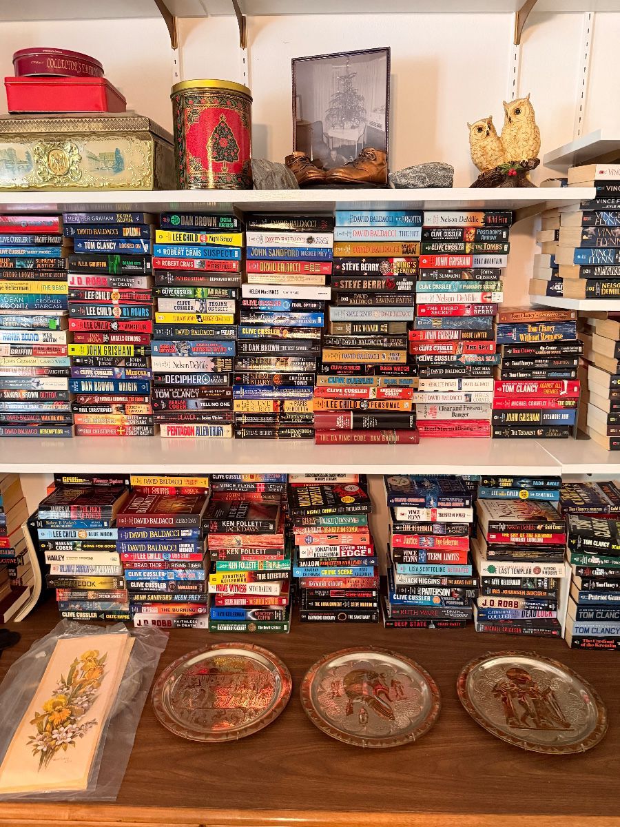 Stacks of paperback and hardcover novels filling shelves, with decorative plates and a bag on the counter below