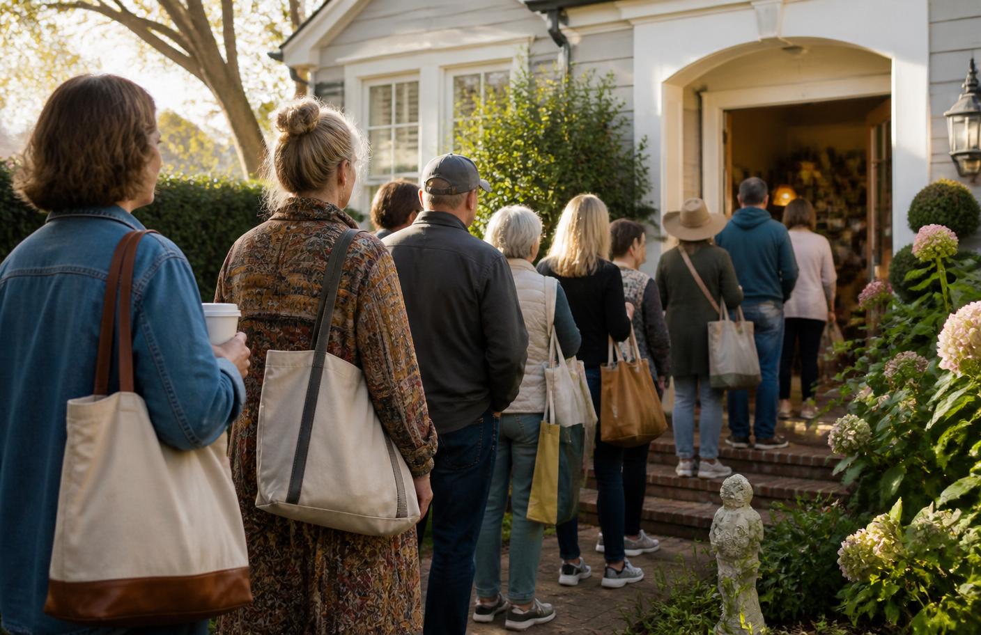 A line of eager shoppers waiting on the front steps of a suburban estate sale in warm morning light.