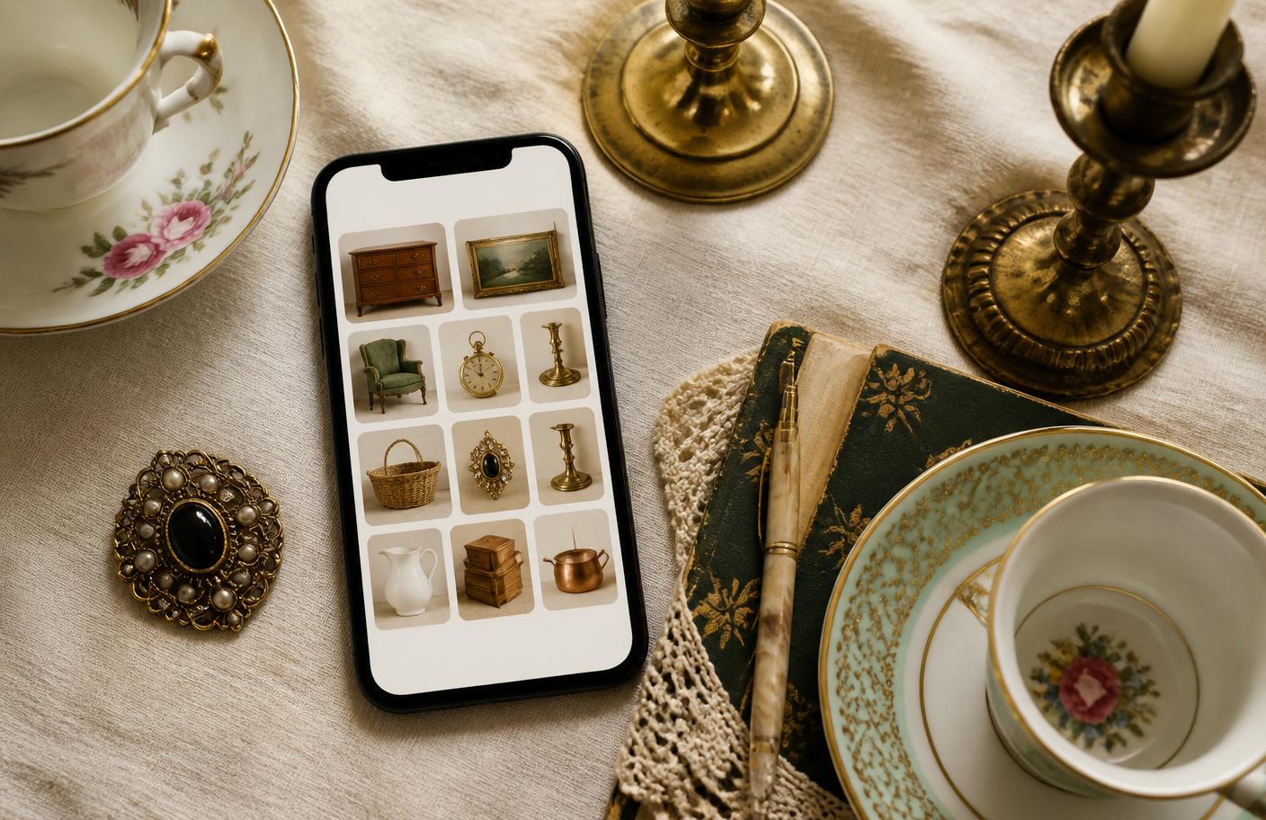 A phone showing a clean gallery of estate sale item photos, surrounded by vintage teacups, brass candlesticks, and an antique brooch on cream linen.