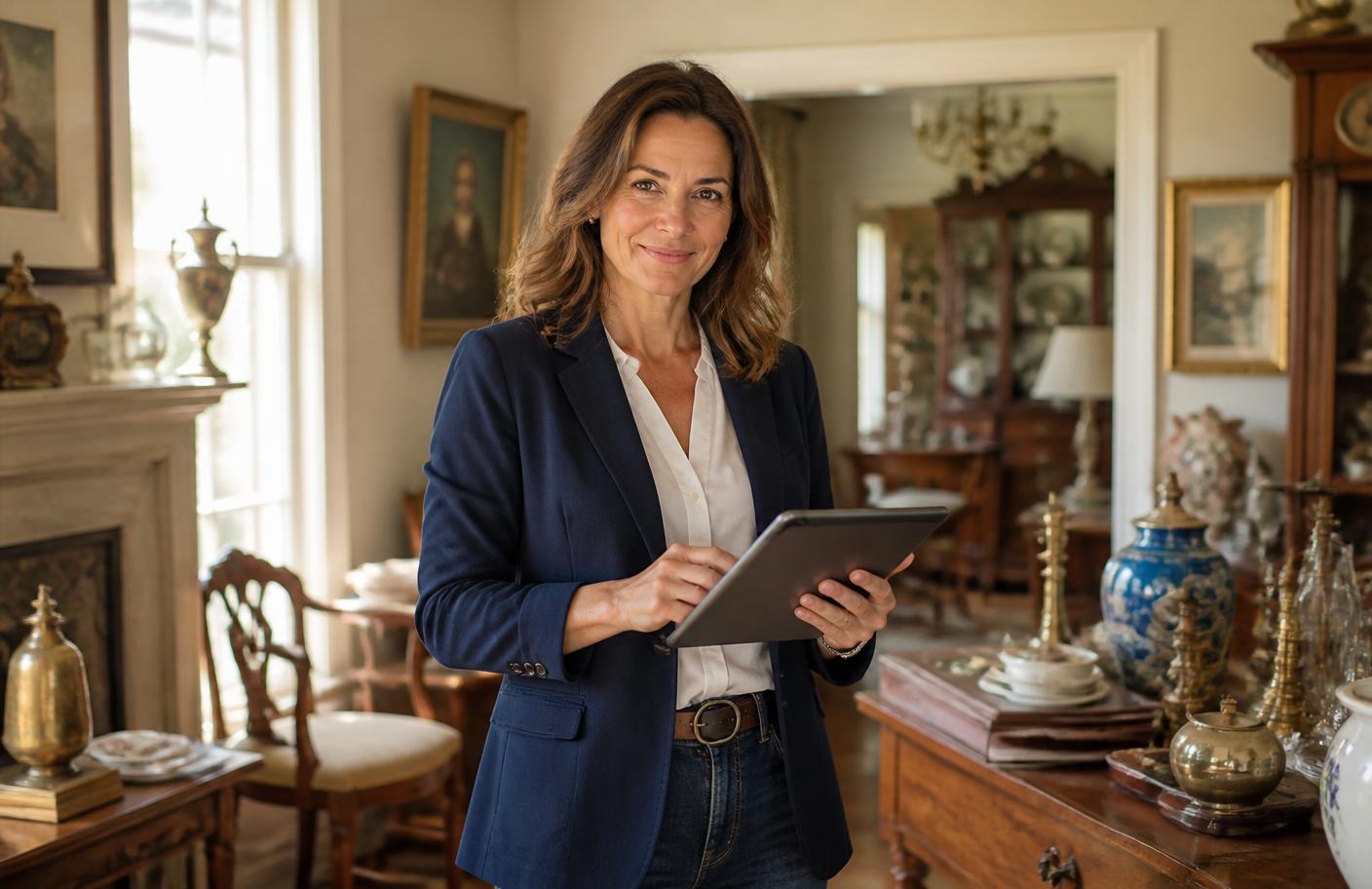 An estate sale professional creating an online listing on a tablet inside a warmly lit vintage home.