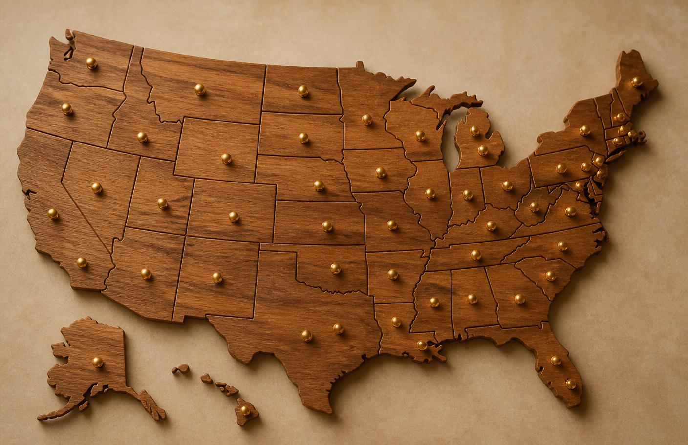A wooden US map with golden pins spread across many states, symbolizing nationwide estate sale marketplace expansion.