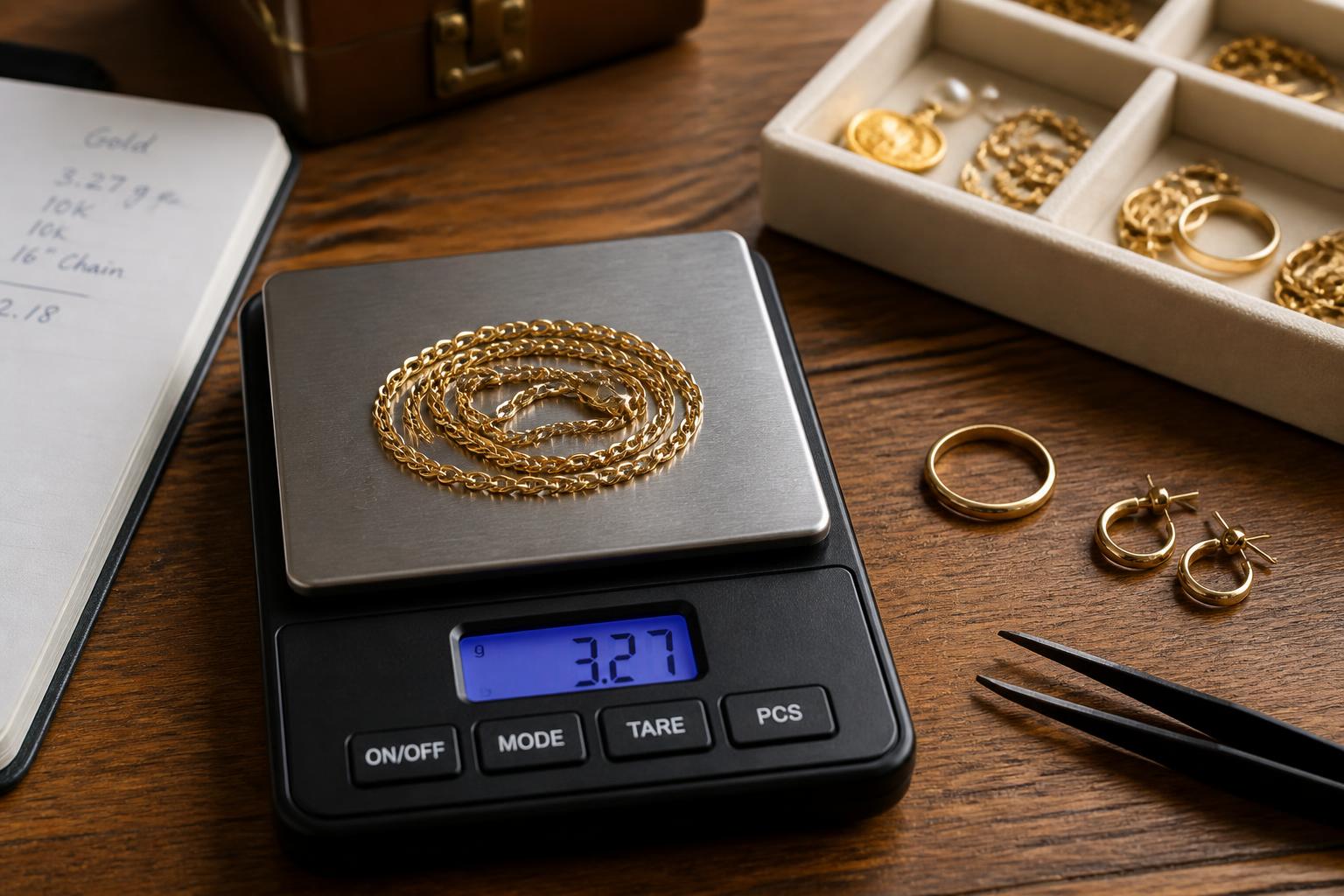 A gold chain coiled on a small digital jewelry scale reading 3.27 grams, with a notepad and sorted jewelry nearby.