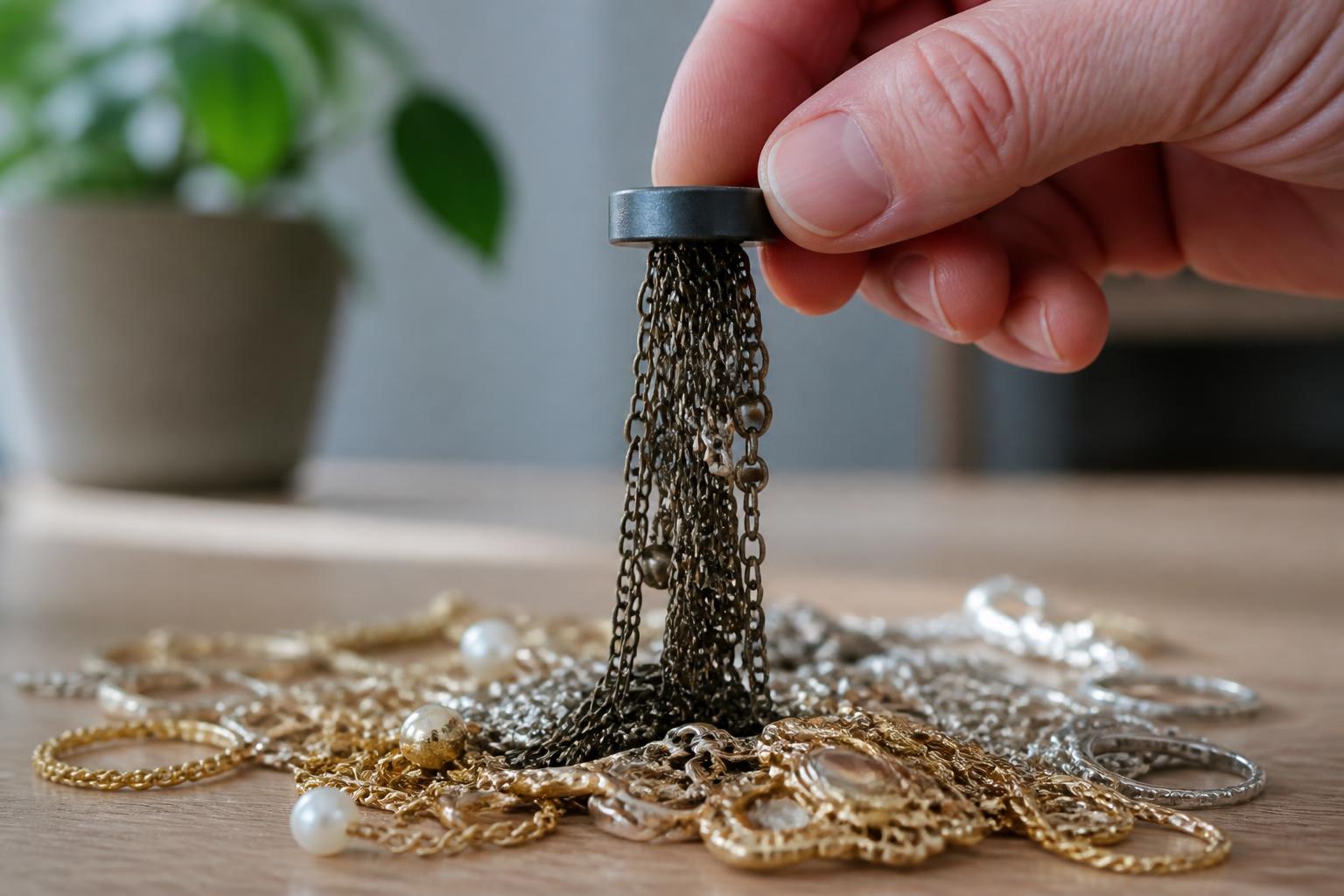 A strong magnet held over a pile of costume jewelry; base-metal chains cling and lift while gold and silver pieces stay flat on the table.