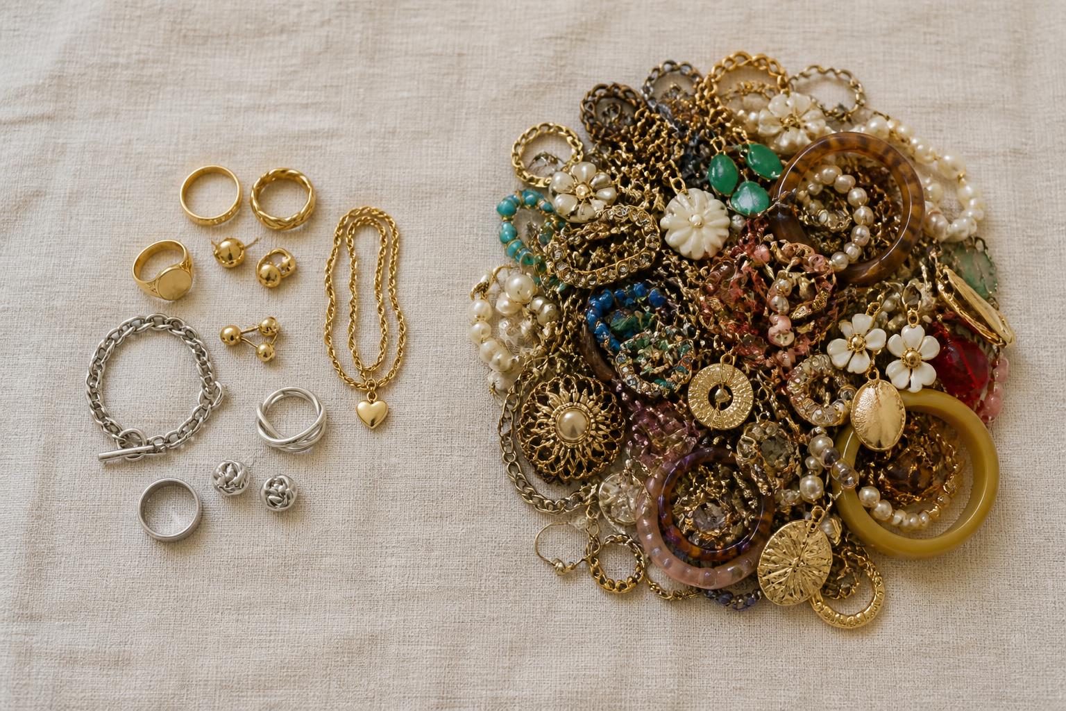 A flatlay showing costume jewelry sorted into a small 'keep' pile of real gold and sterling and a larger 'pass' pile of plated and plastic pieces.