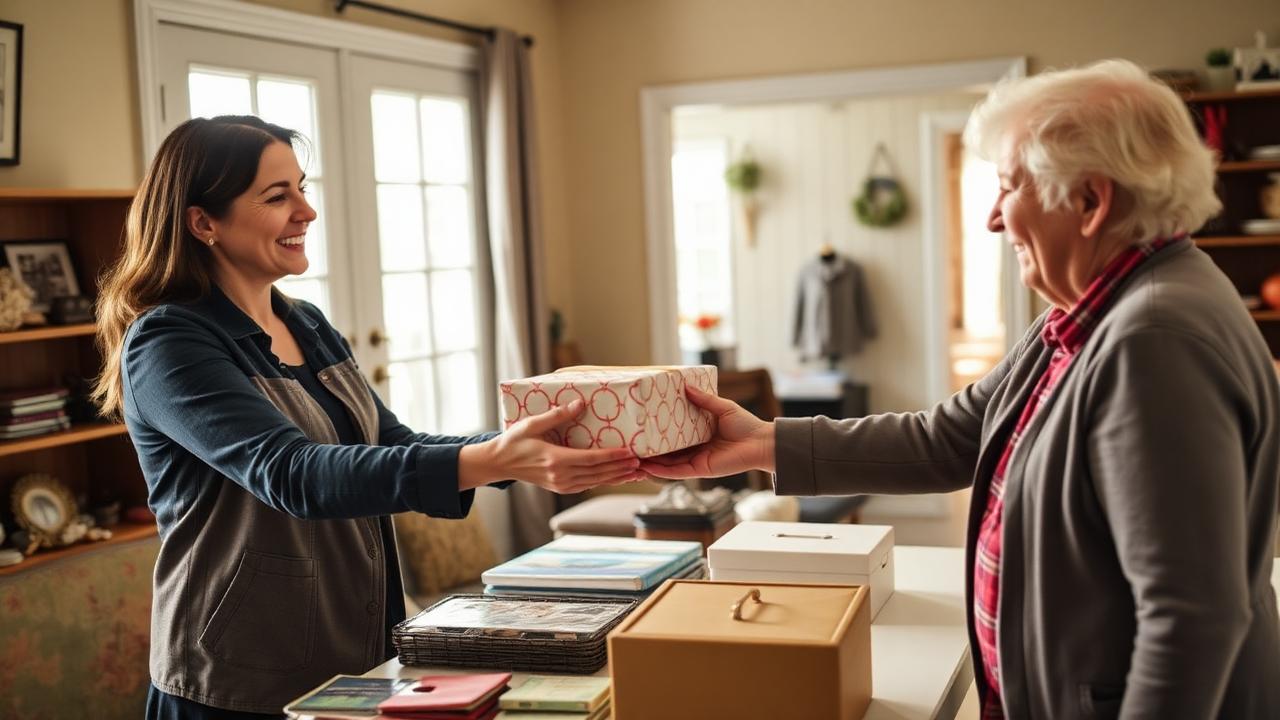 A friendly estate sale staffer handing a wrapped purchase to a smiling happy customer at a checkout table