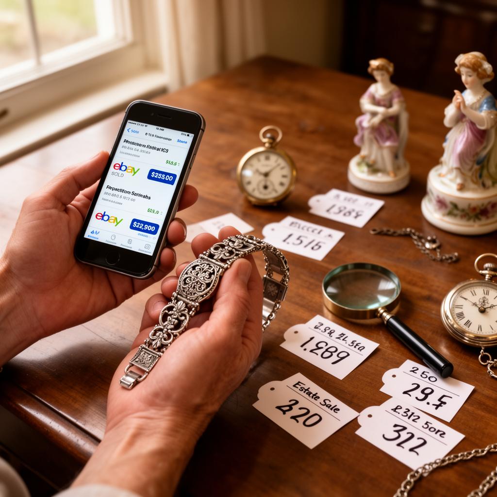 An appraiser gently placing a small price tag on a delicate heirloom figurine while an older family member watches wistfully