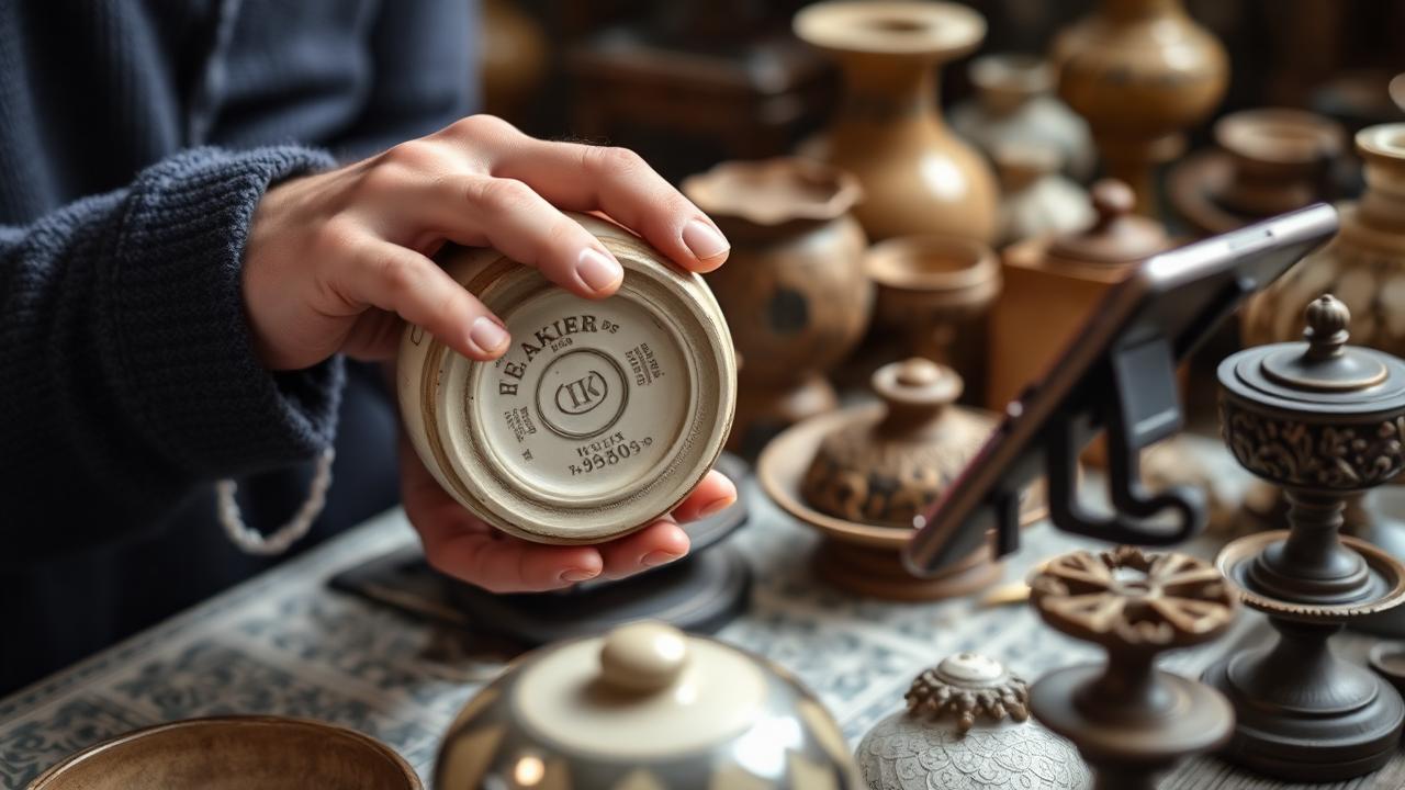 A person reading the maker's mark on the bottom of a piece of pottery while checking price comparisons on a phone