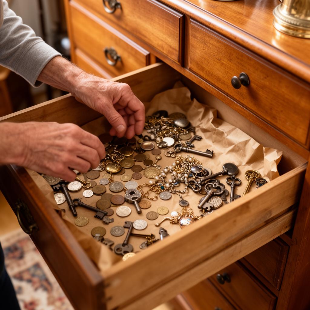 Close-up of hands carefully sorting through an open drawer full of small vintage items, keys, jewelry, and papers
