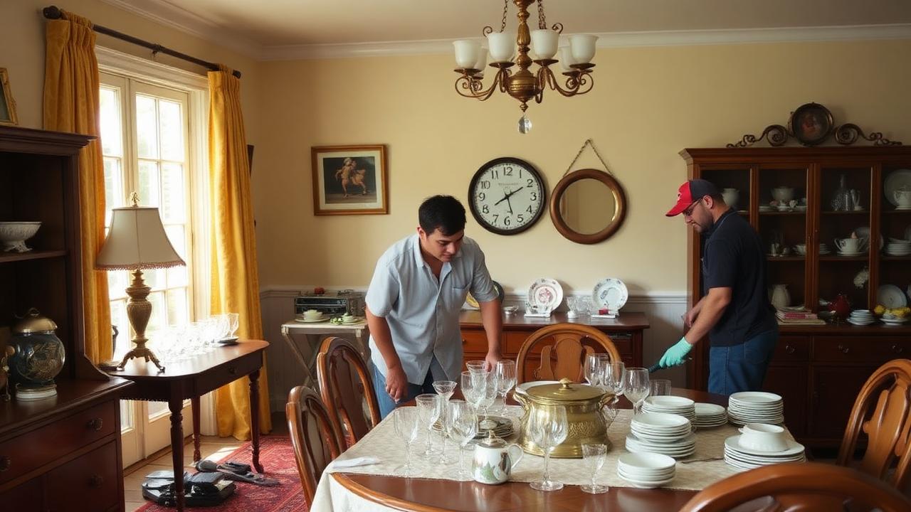 Estate sale workers staging a dining room, arranging glassware and dishes neatly on tables in an older home