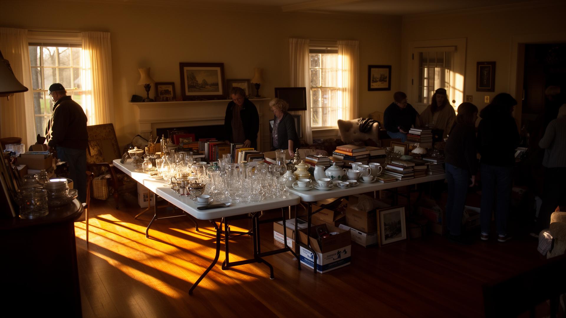 A late afternoon estate sale inside a traditional American home — the crowd has thinned, remaining items neatly arranged on tables, warm slanted light through windows casting long shadows.