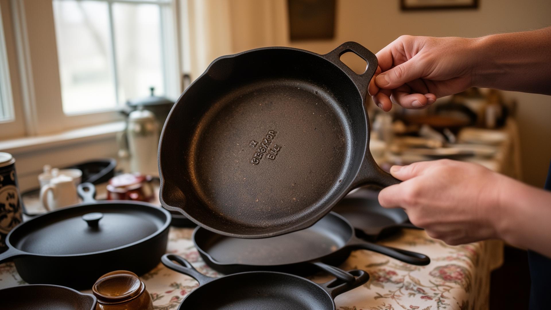 A buyer carefully examining a vintage cast iron skillet at an estate sale table, holding it up to check the bottom markings under the light.