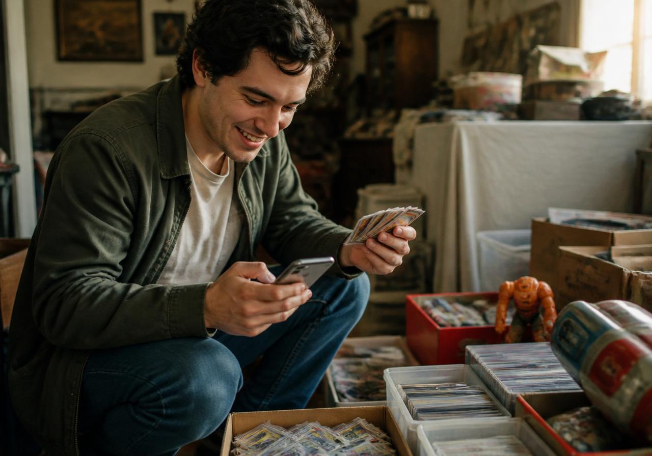 A young collector crouching at an estate sale, smiling while checking a phone in one hand and holding a stack of vintage trading cards in the other, surrounded by boxes