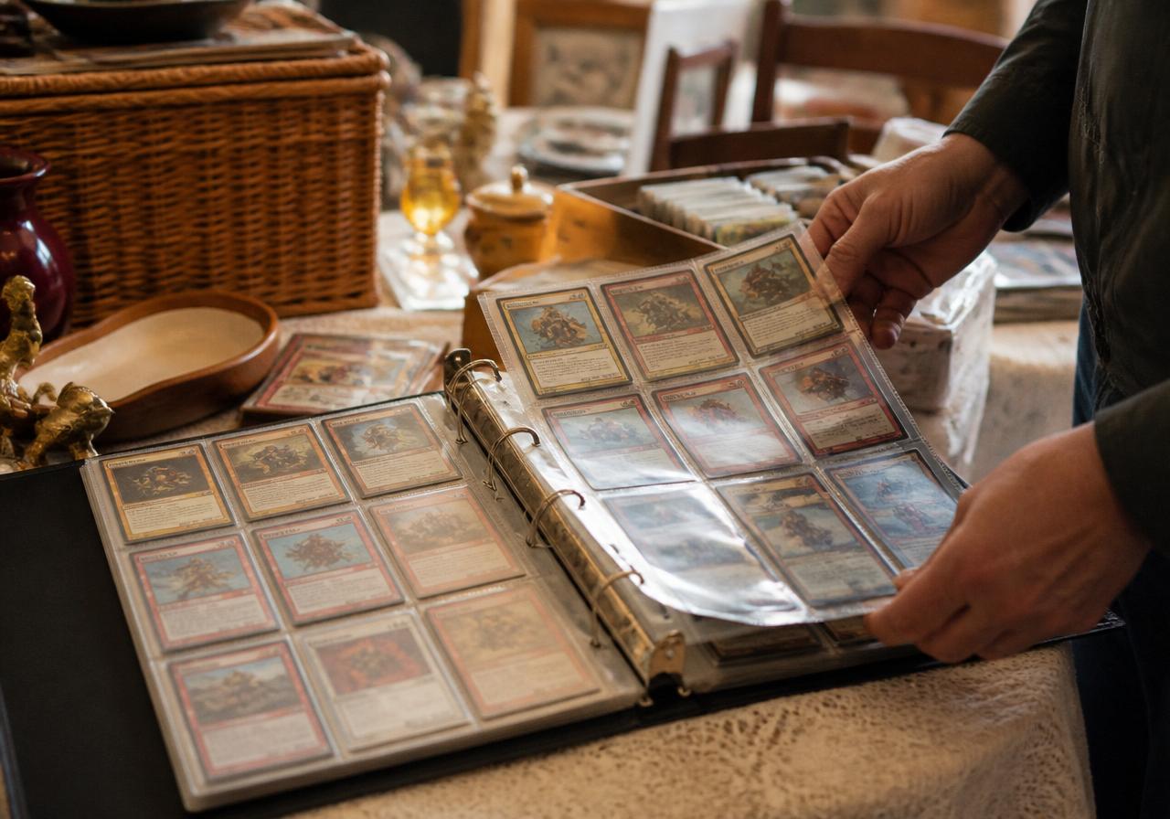 An open 1990s ring binder full of nine-pocket pages of sleeved vintage trading cards on an estate sale table, a hand turning a page