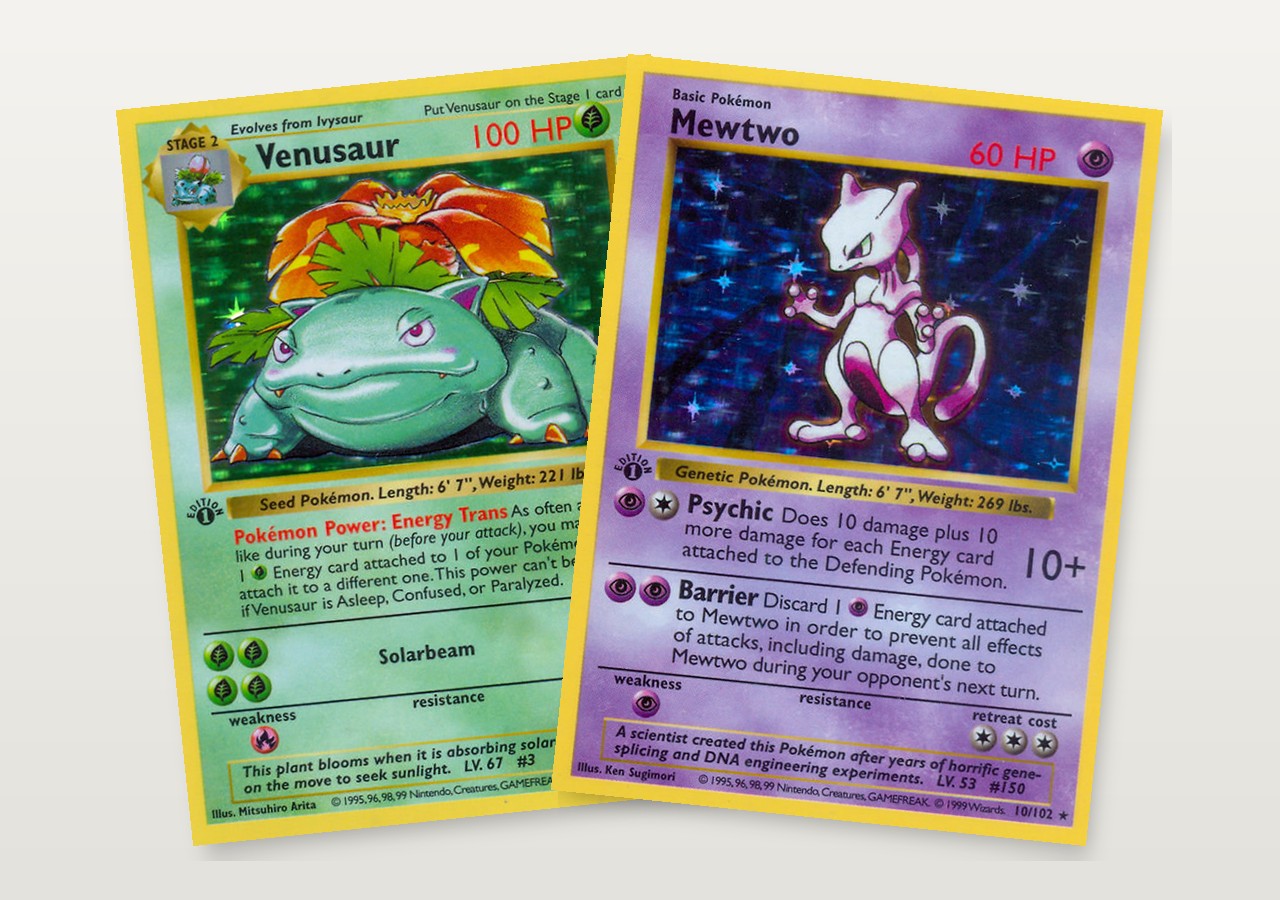 The 1999 Base Set 1st Edition holographic Venusaur (#15) and Mewtwo (#10) — two of the Base Set holos that regularly turn up in old collections