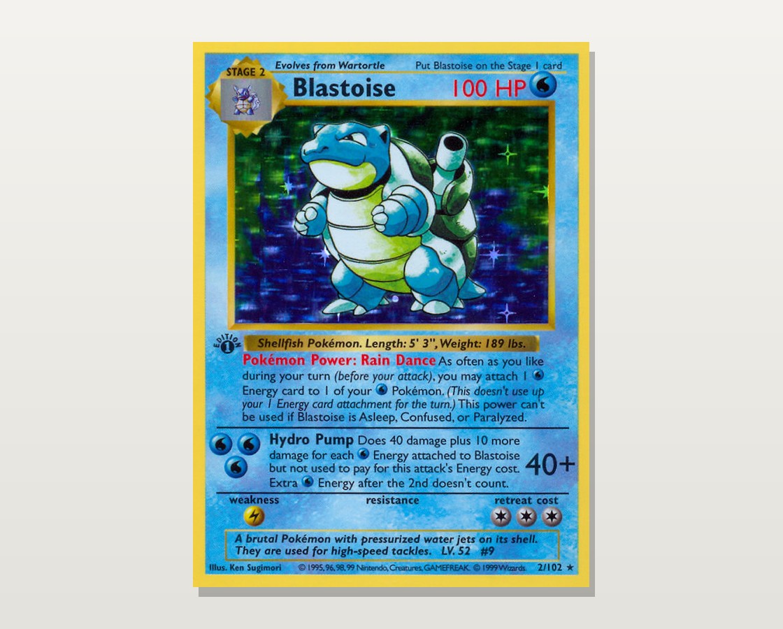 The 1999 Base Set 1st Edition holographic Blastoise (#2), showing the "Edition 1" stamp on the lower left of the artwork