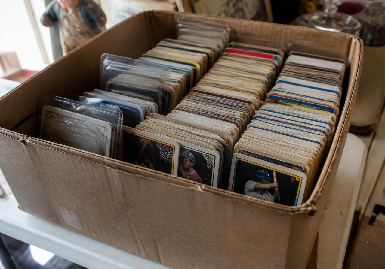 A dusty cardboard shoebox packed with hundreds of loose and sleeved vintage 1990s trading cards on a folding table at an estate sale