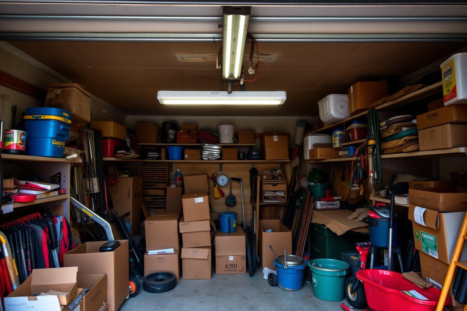 An old garage packed with tools, shelving units, garden equipment, and cardboard boxes — the organized chaos of decades of homeownership.