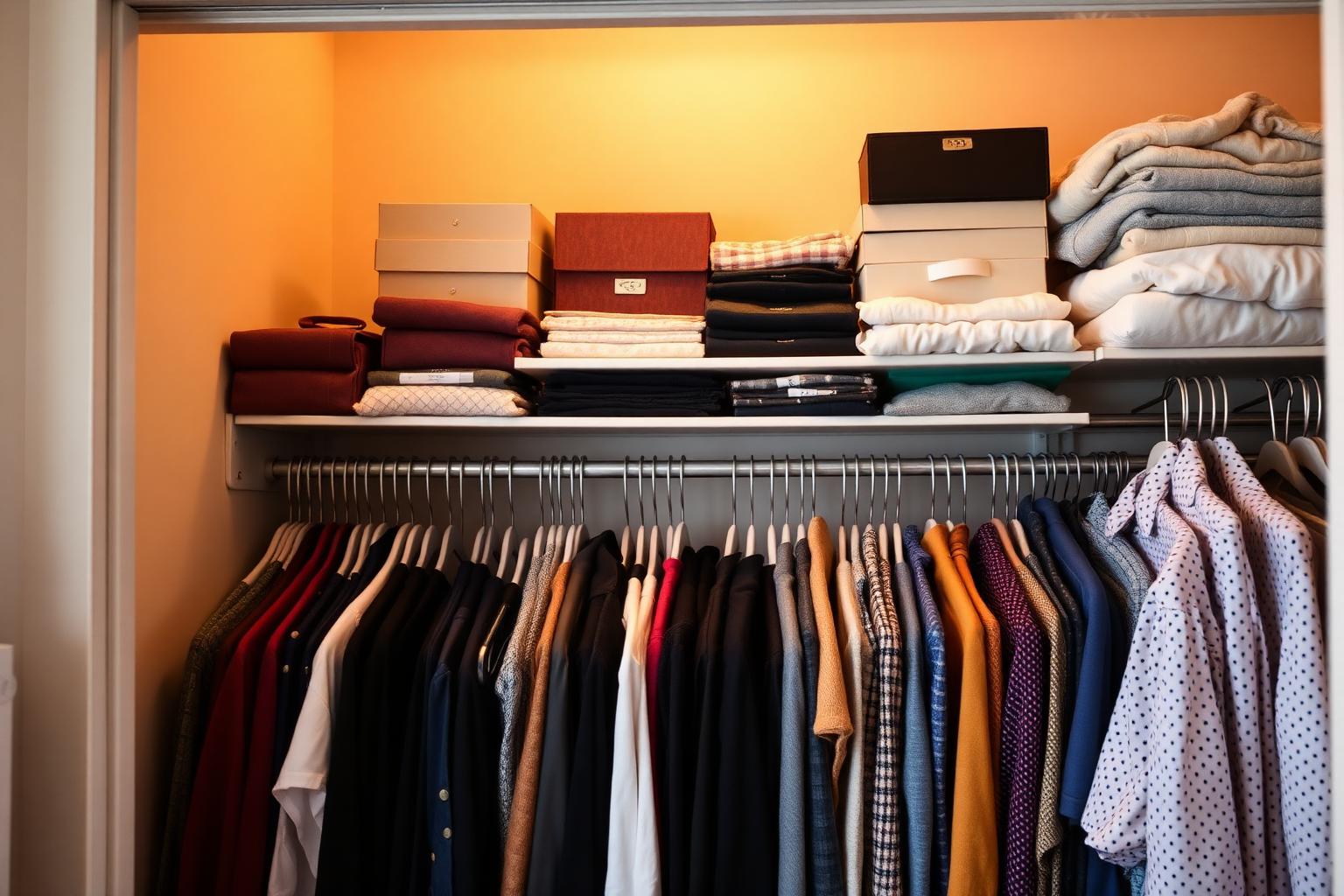A packed bedroom closet with rows of clothes, shoe boxes stacked on the shelf above, and a jewelry box visible on the top shelf.
