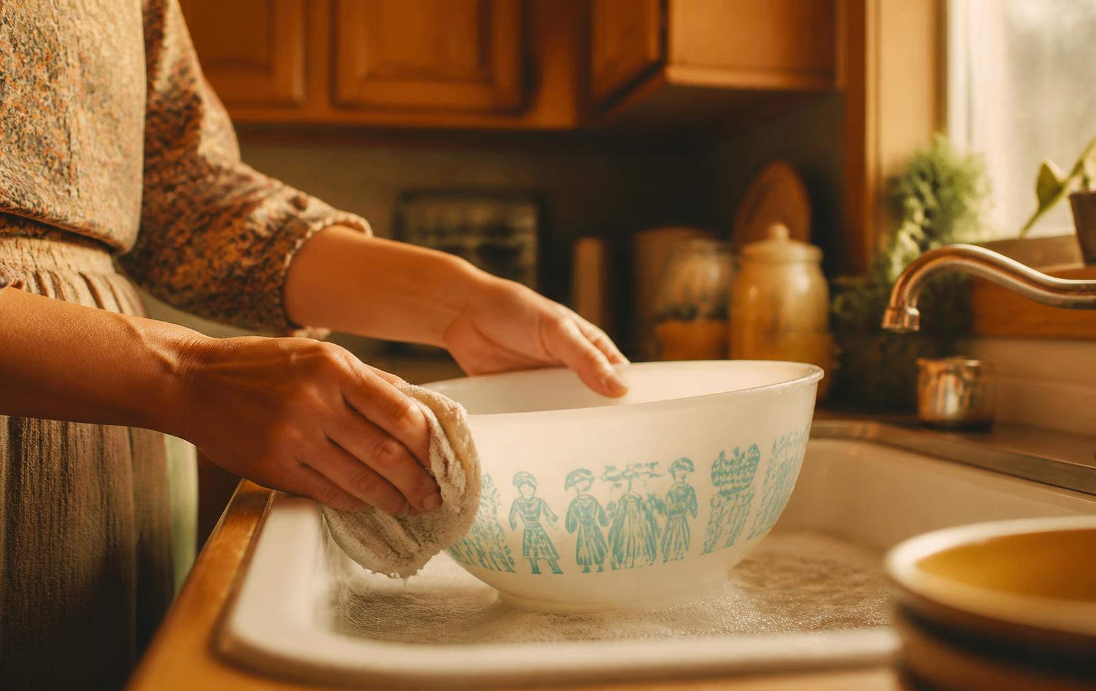 Hands hand-washing a vintage patterned Pyrex bowl in a farmhouse sink with mild suds and a soft cloth, warm afternoon light.