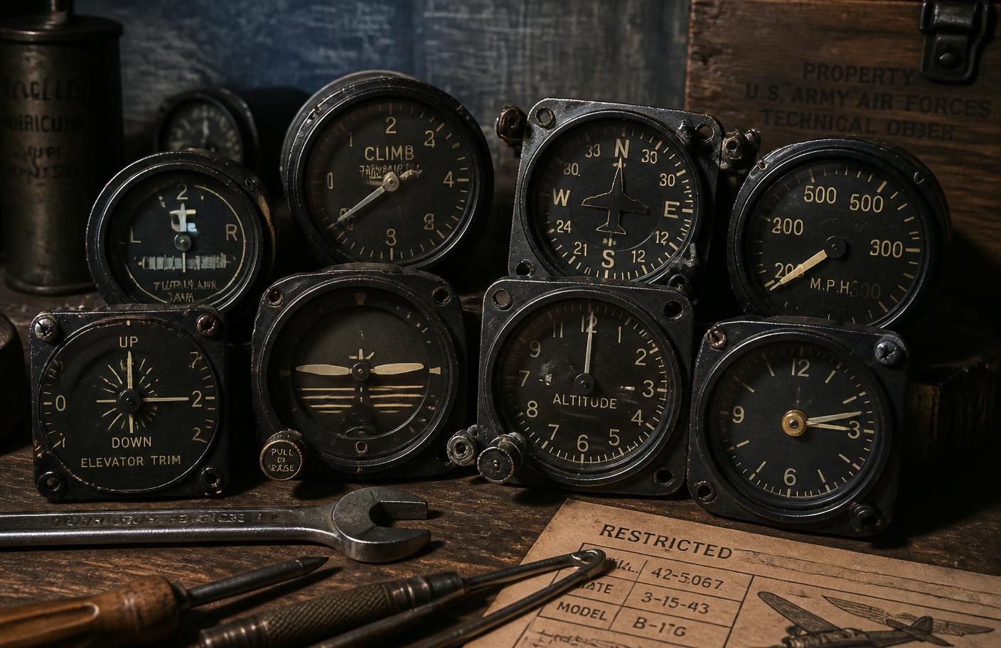 Vintage WWII aircraft cockpit instrument gauges with aged luminous markings arranged on a workbench