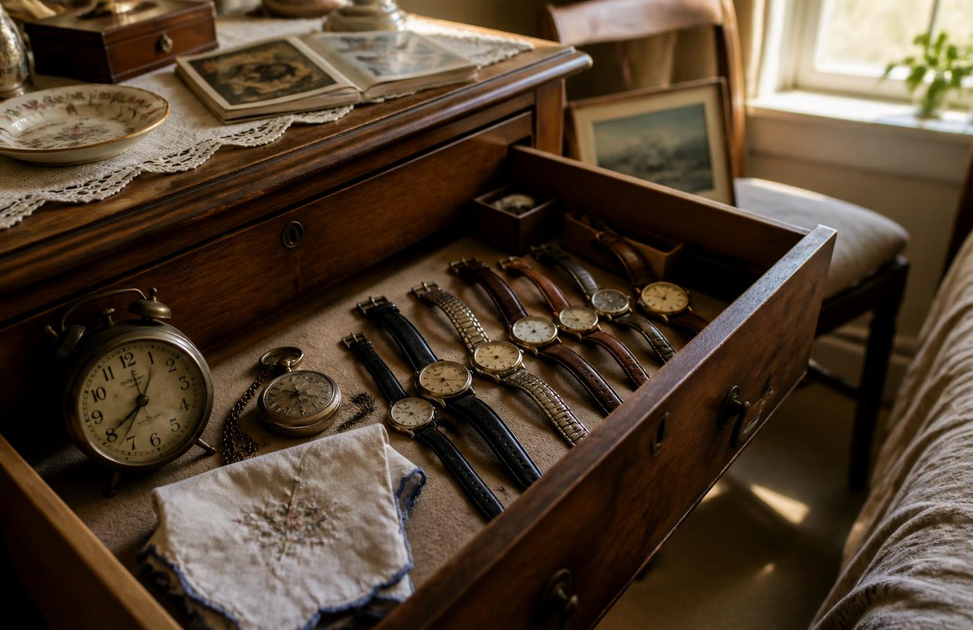 An open dresser drawer at an estate sale holding a row of vintage wristwatches, a pocket watch and an old alarm clock