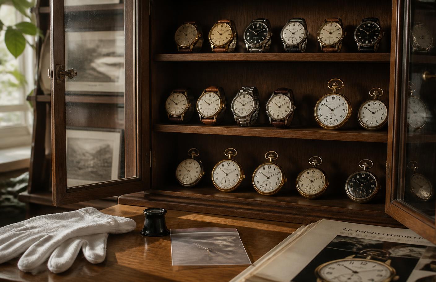 A vintage watch collection on open shelving with cotton gloves, a loupe, and a damaged clock hand sealed in a clear bag on the table