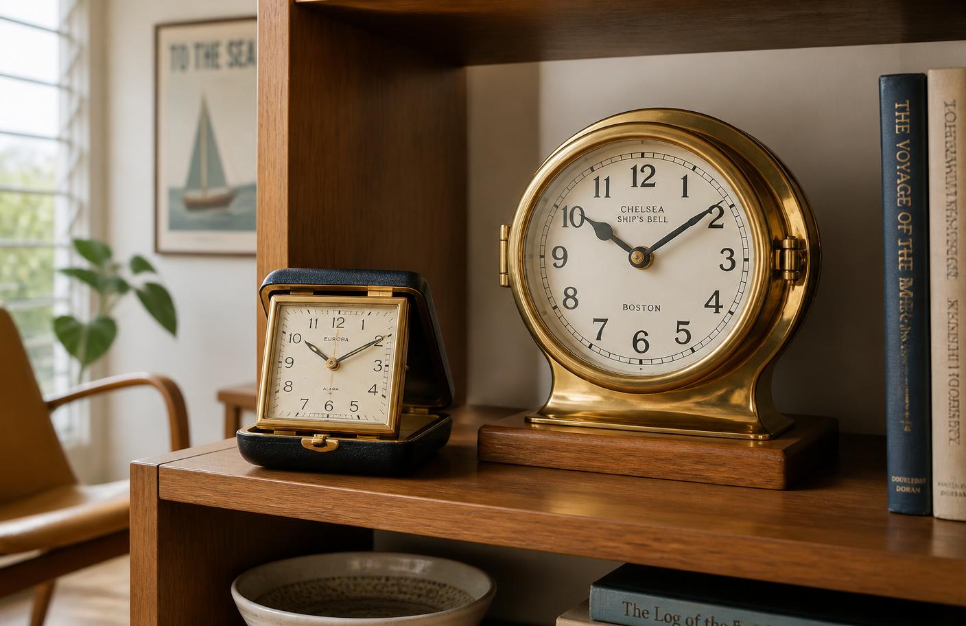 A 1950s folding travel alarm clock beside a brass ship's clock on an open wooden shelf in a bright room