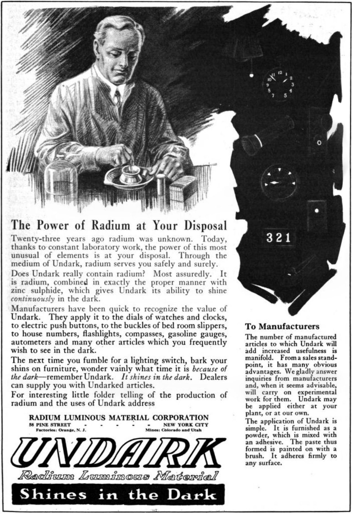 A 1921 magazine advertisement for Undark radium luminous paint showing glowing clock and watch dials