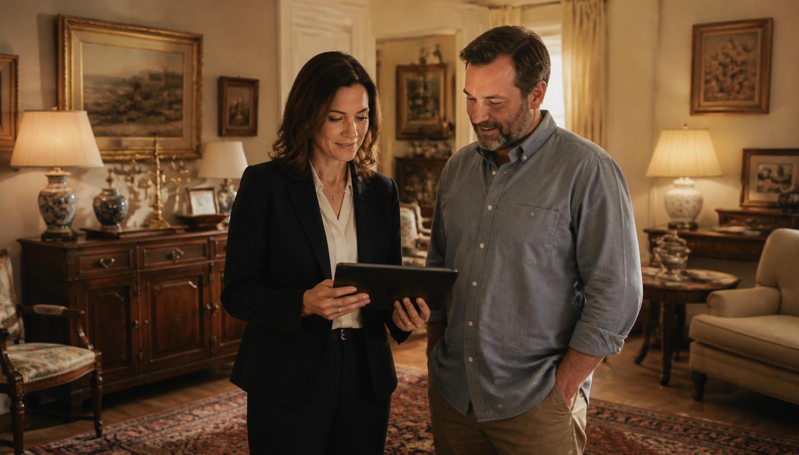 A realtor and estate sale professional collaborating on a home liquidation timeline