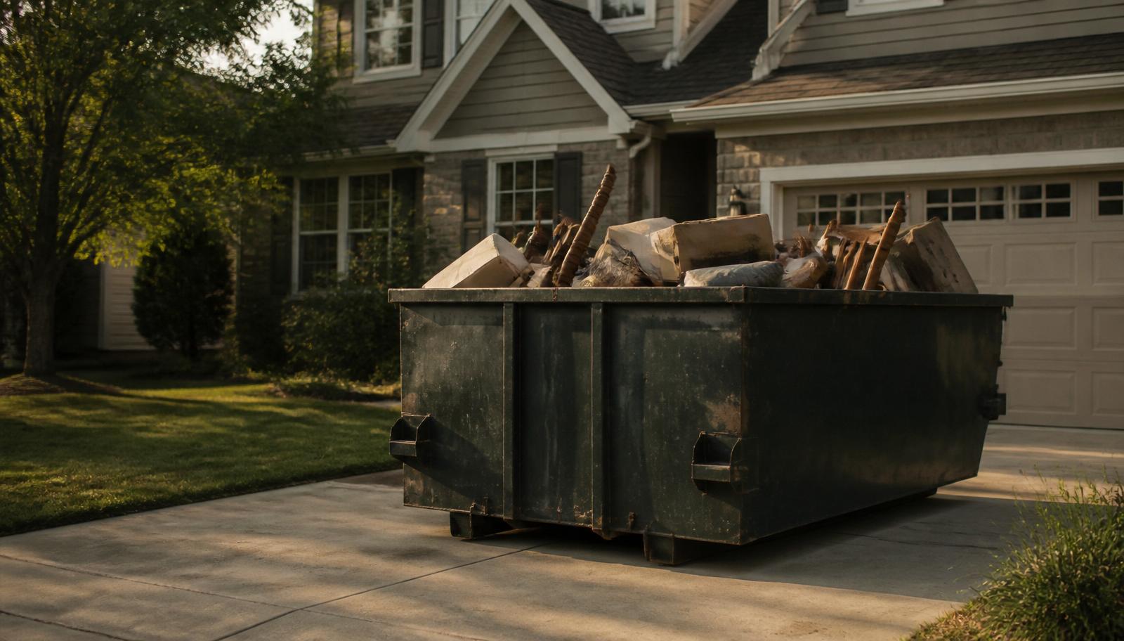 A dumpster in a residential driveway filled with estate items, representing value lost by decluttering before an estate sale assessment