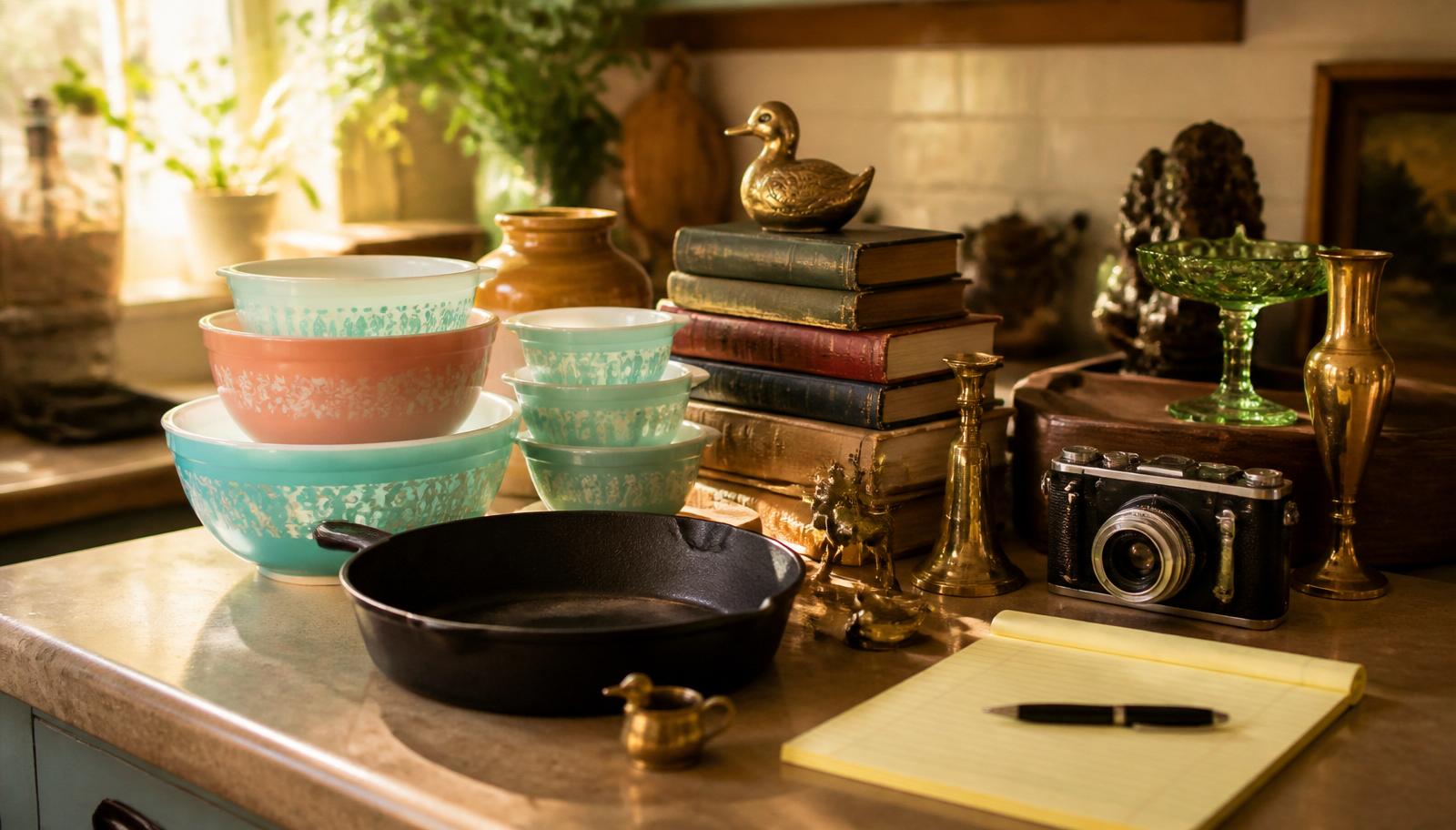 Estate sale items being sorted and assessed on a kitchen counter before pricing