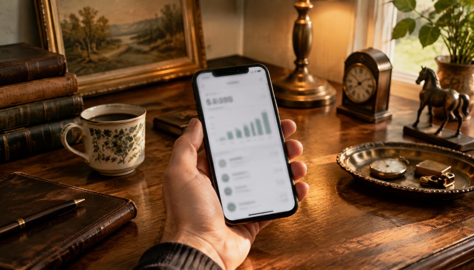 A phone held over an antique wooden desk showing a simple earnings chart, beside a vintage clock, a pocket watch on a brass tray, and old leather books