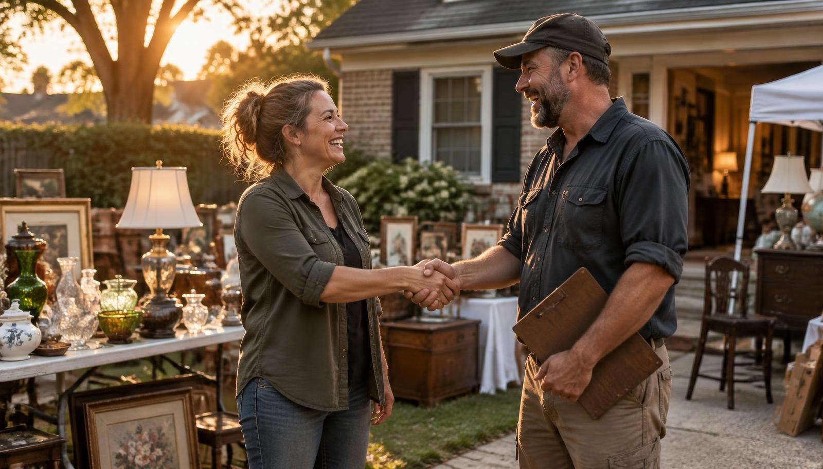 Two estate sale professionals shaking hands and laughing outside a home during sale setup, folding tables of vintage glassware and lamps behind them in golden light