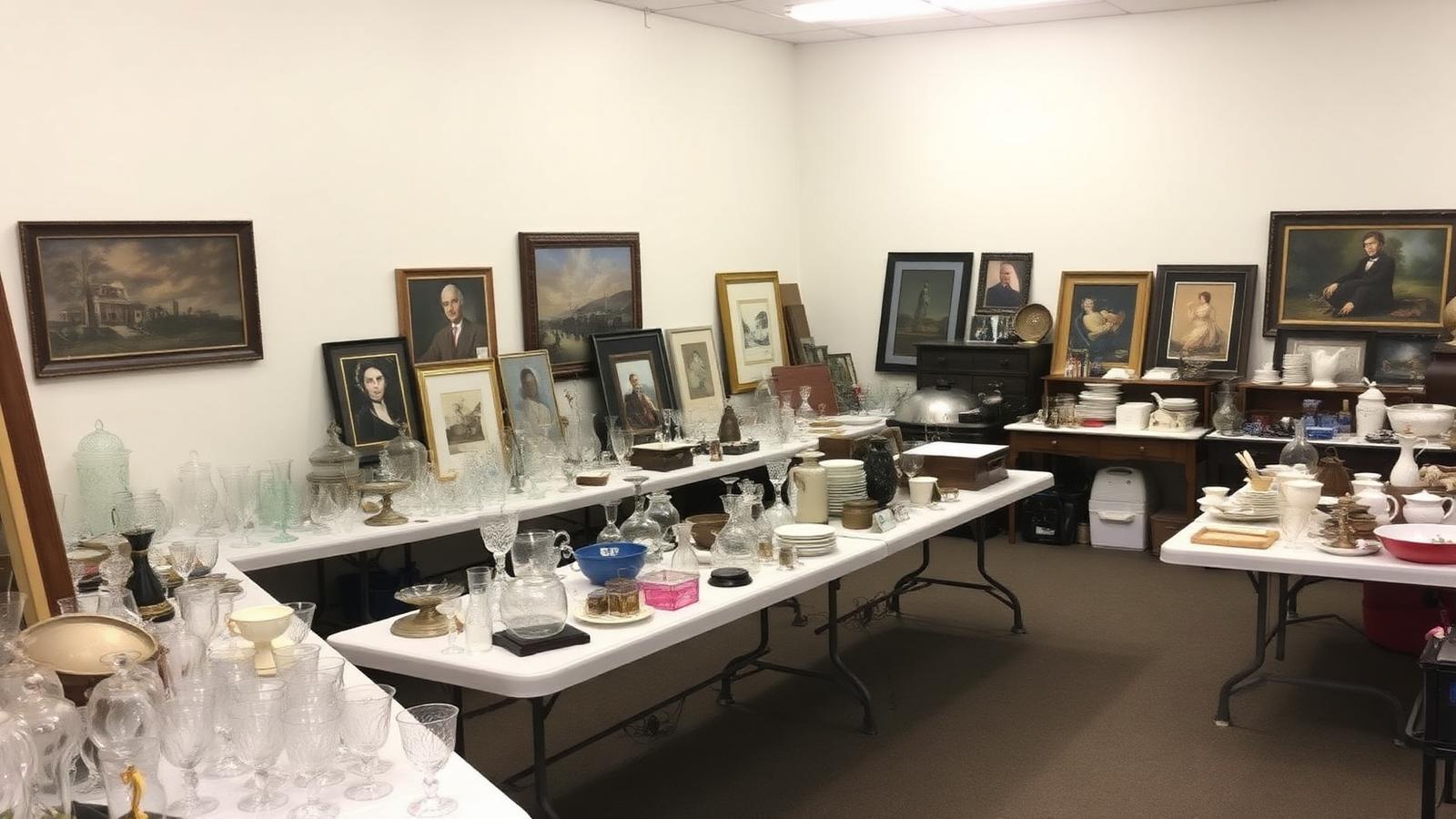 A staged estate sale room with long folding tables of organized glassware, framed art, and china under bright lighting.