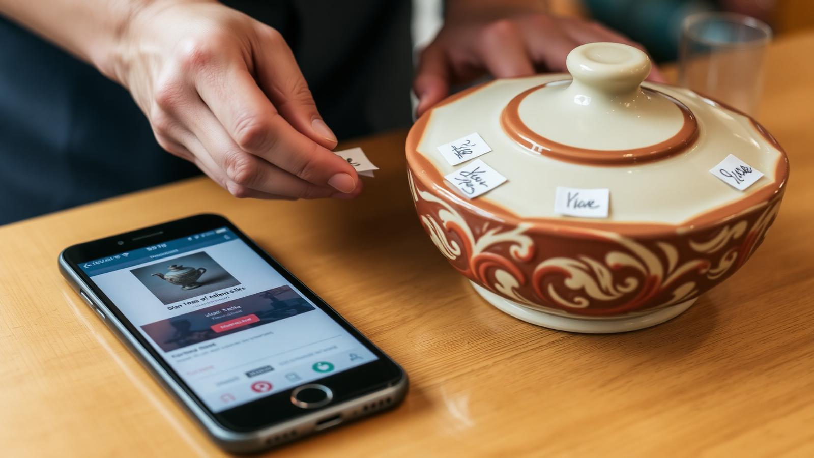 Hands placing handwritten price tags on a piece of vintage pottery with a pricing app open on a phone beside it.