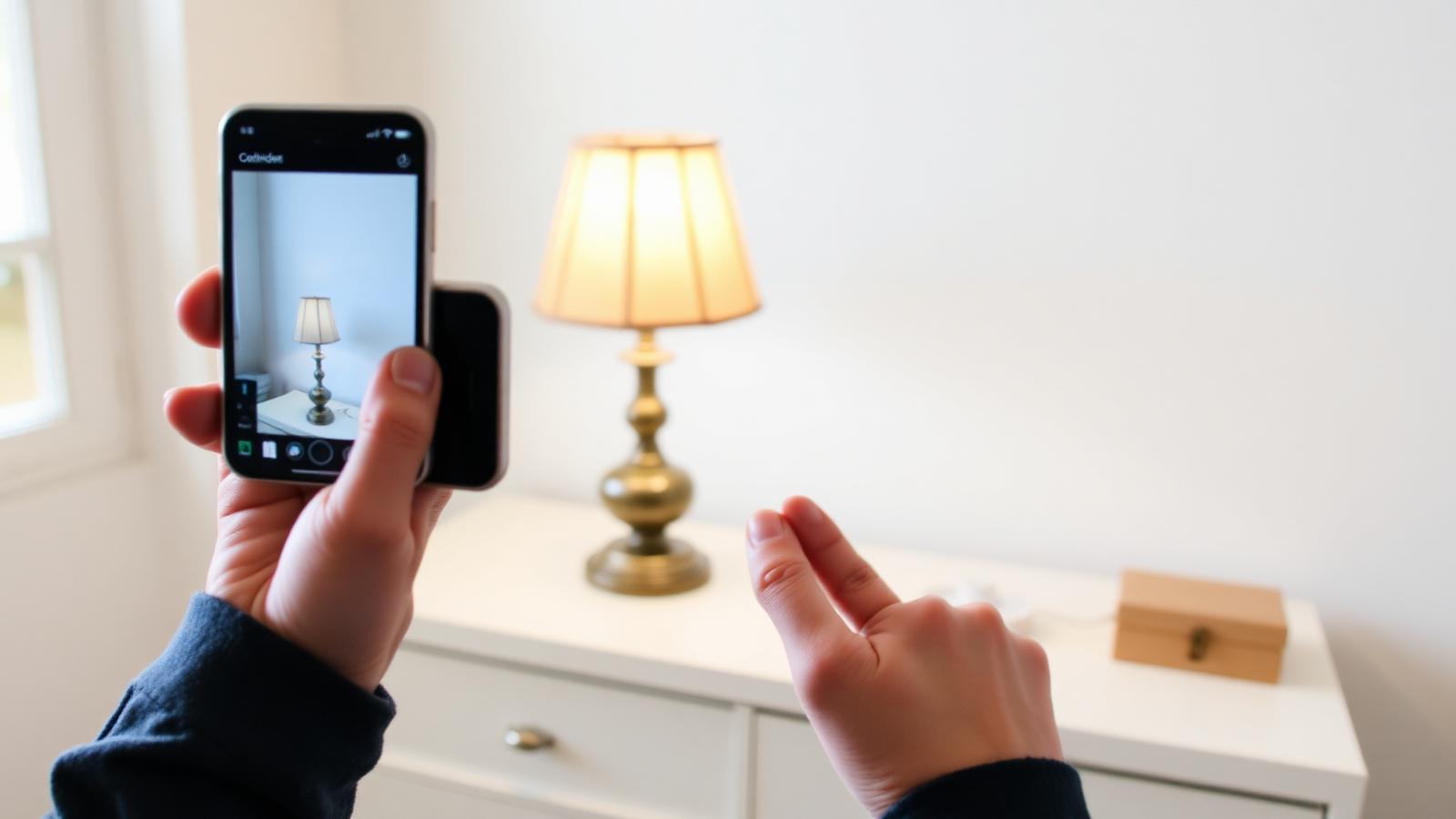 A person carefully photographing a vintage lamp with a smartphone in soft window light, listing-photo style.
