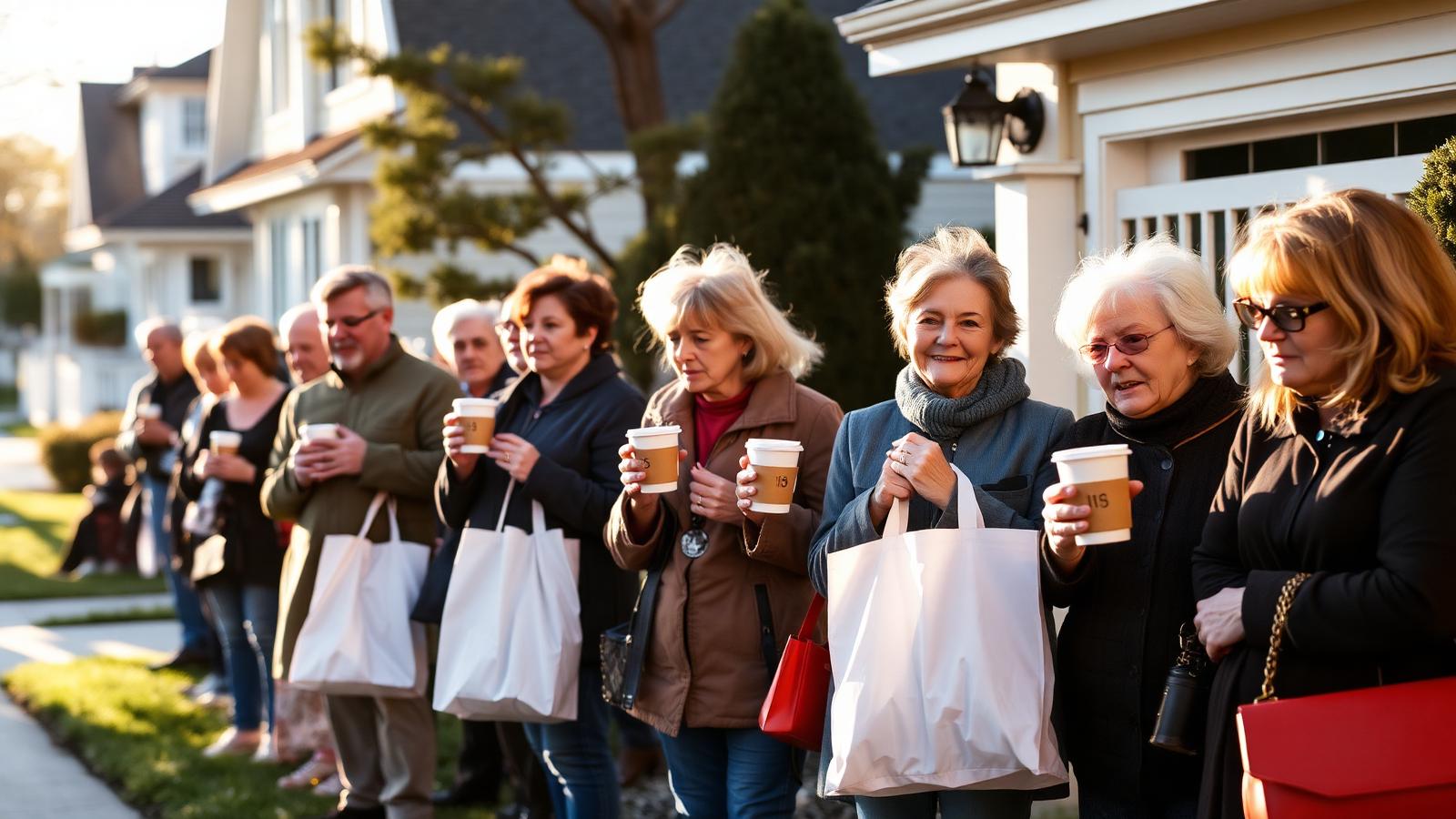 A line of buyers waiting outside a suburban home on the opening morning of an estate sale, holding tickets and coffee.
