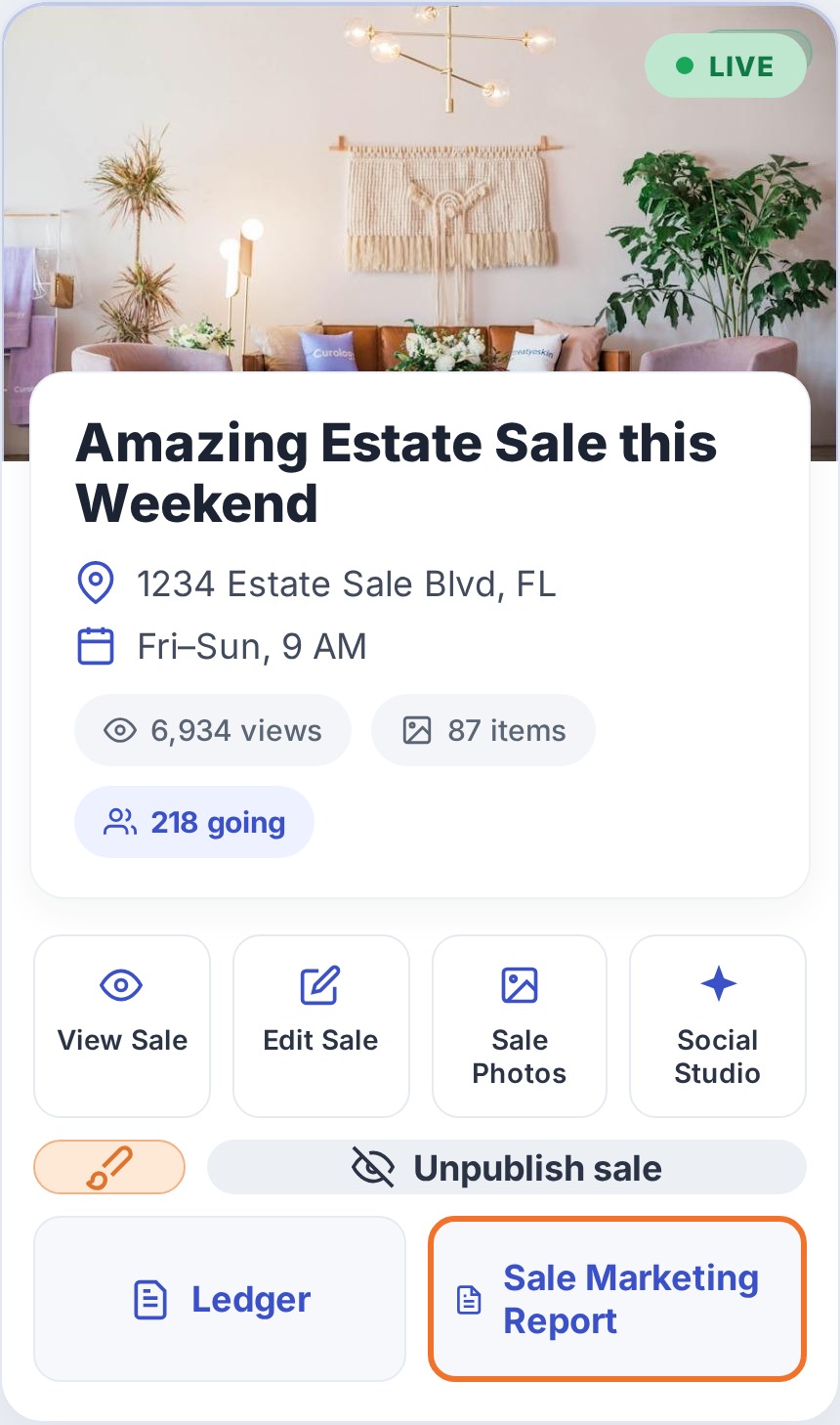 Where to find it: the "Sale Marketing Report" button on your sale card in the dashboard, right next to Ledger.