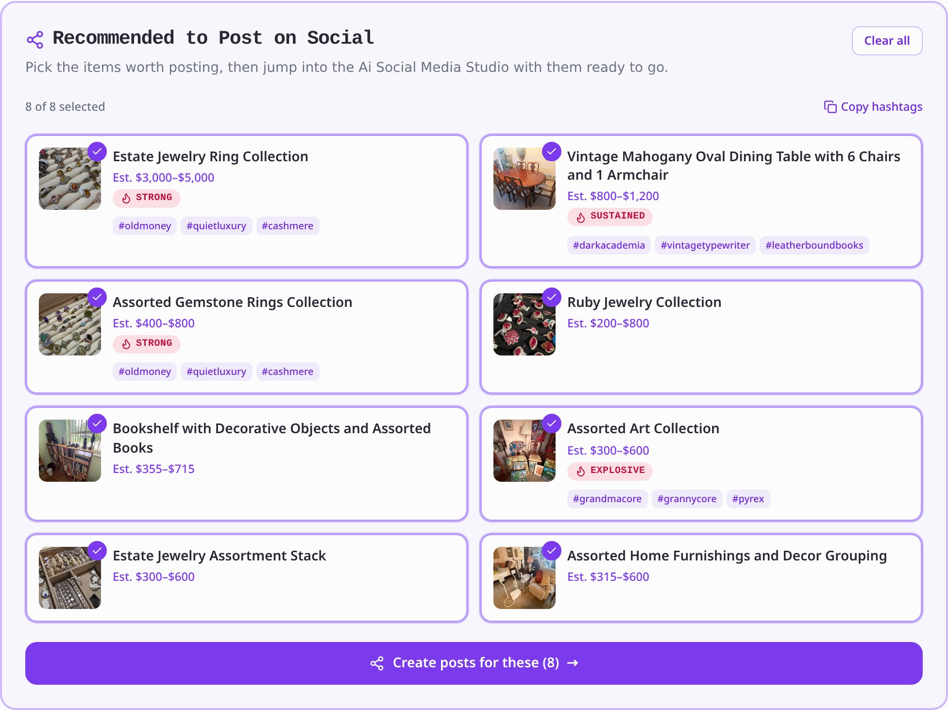 Recommended items pre-selected for social posting, each with demand badges and ready-made hashtags.