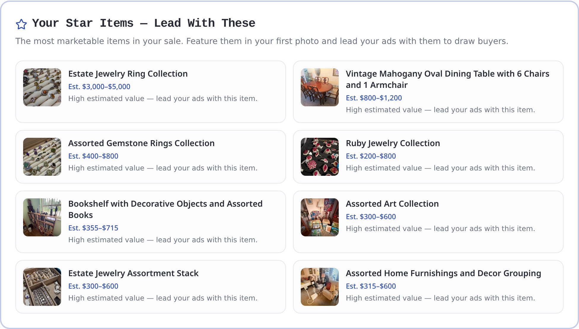 Lead with your strongest pieces — the report ranks your most valuable star items automatically.