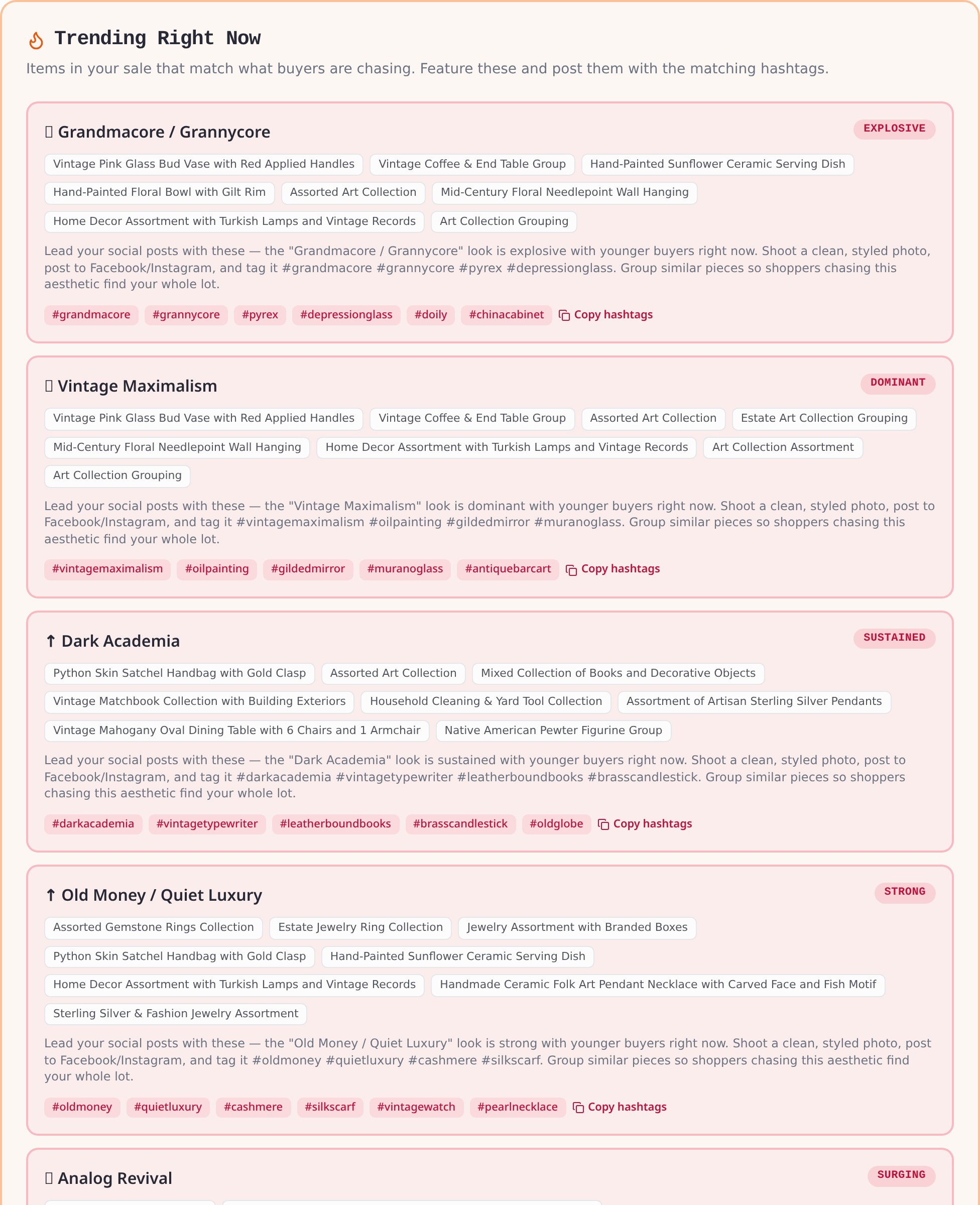 The Sale Marketing Report showing star items, trending matches, and targeted communities for a real estate sale.