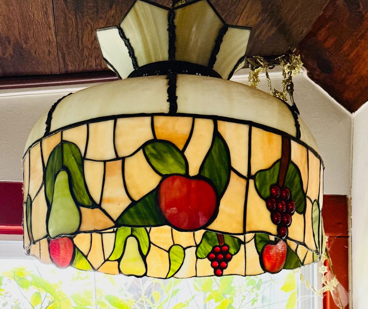 Tiffany-style stained glass hanging pendant lamp with fruit motif at the South Tampa estate sale