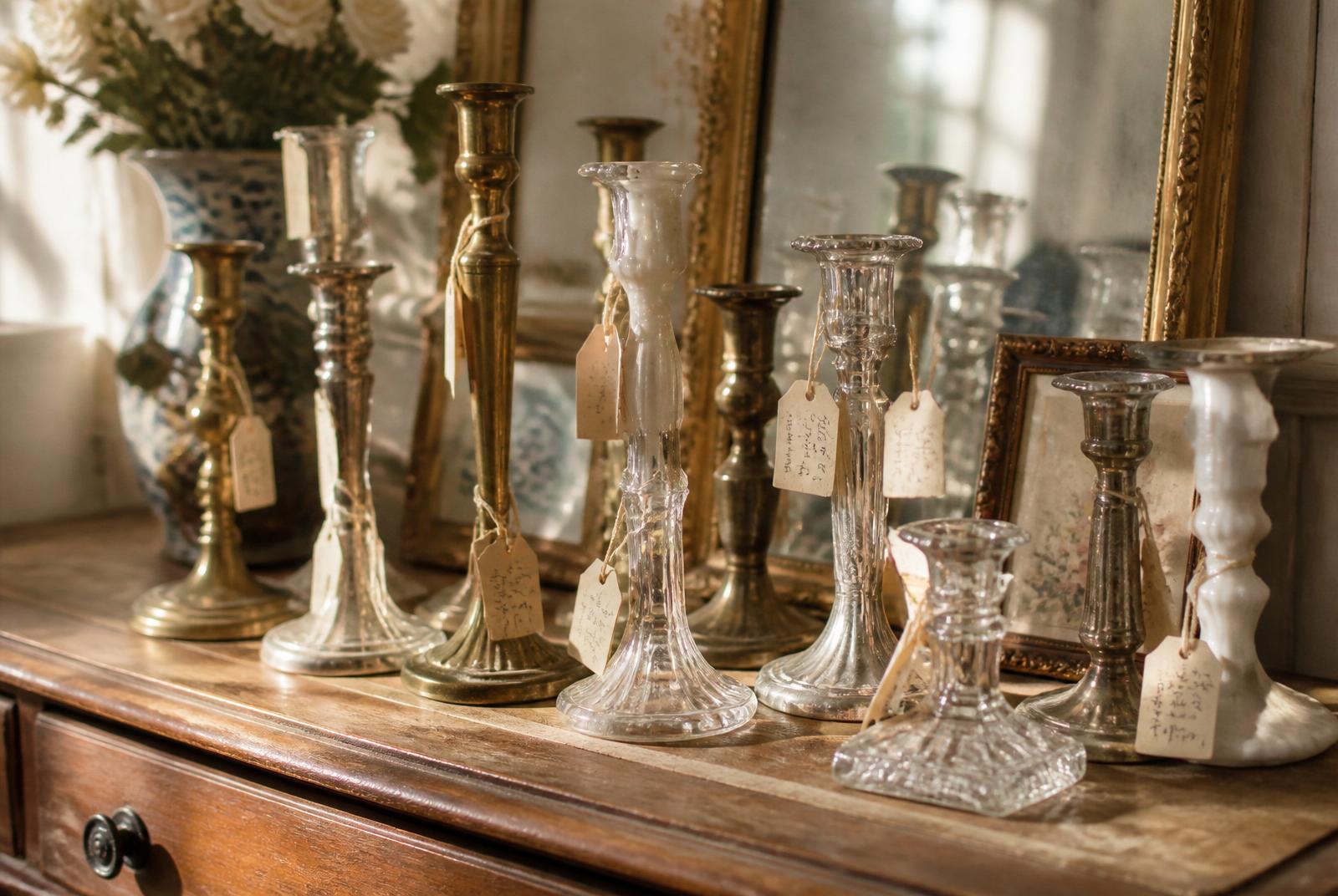 An armful of vintage candlesticks — brass, silver, crystal, and milk glass — grouped on an antique dresser with small handwritten price tags