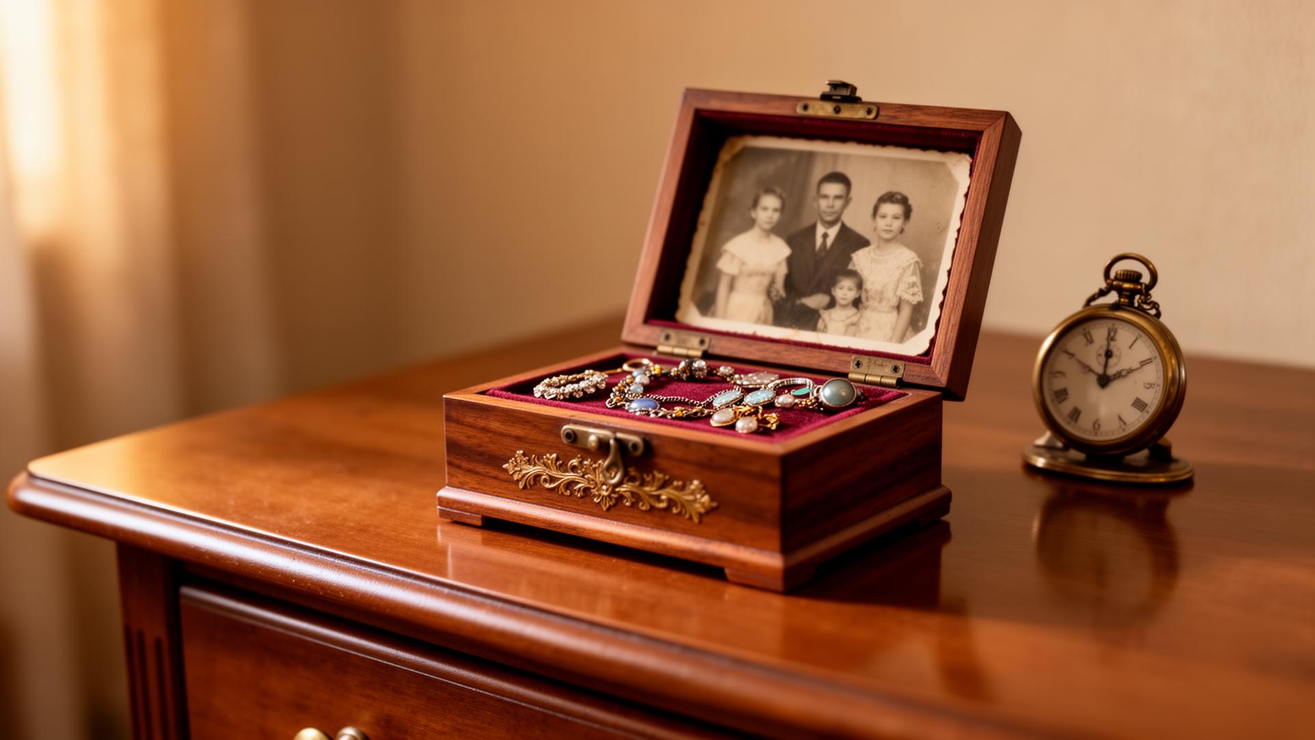 A wooden keepsake box holding heirloom jewelry, an old family photo, and a vintage pocket watch set safely aside