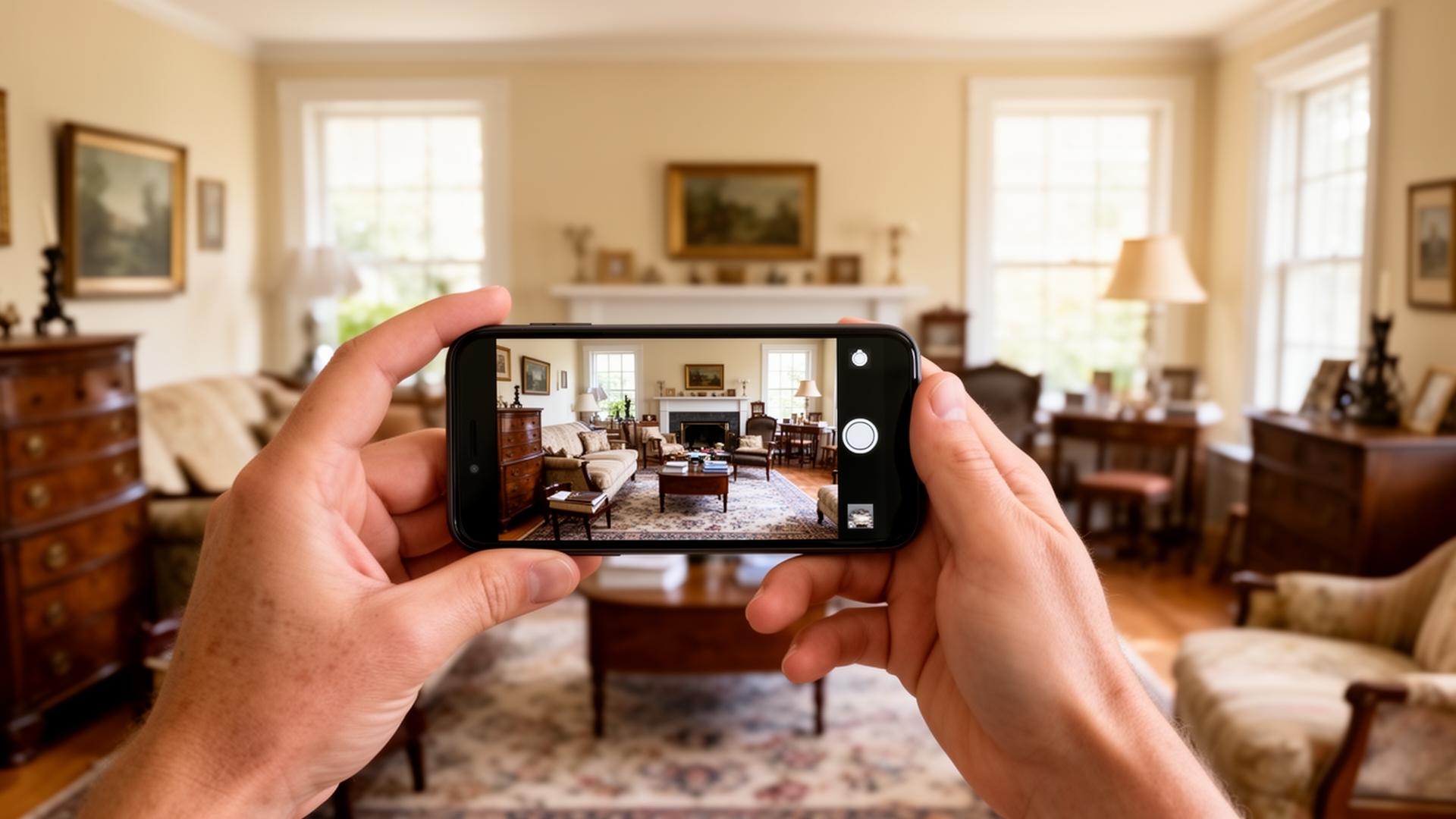 Hands photographing a furnished living room on a phone to document inventory before an estate sale