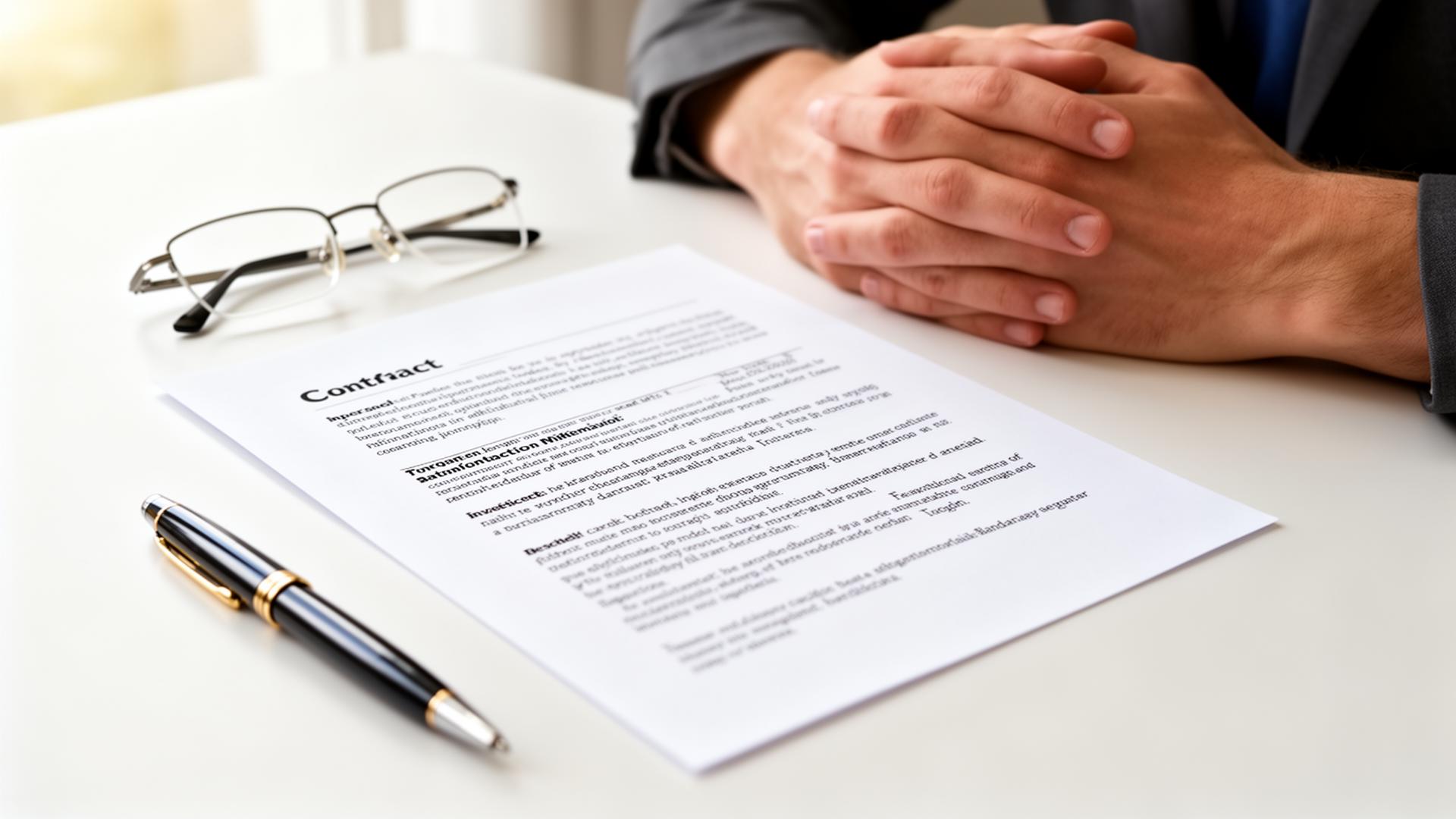 A clear, professional written contract with a pen and reading glasses on a clean table