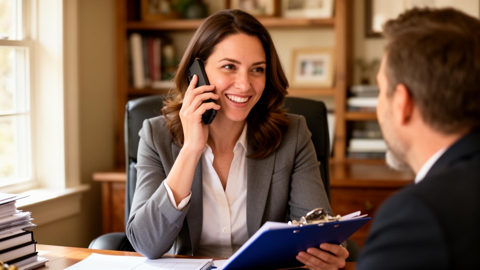 A friendly professional estate sale representative giving a client a warm update by phone from a home office