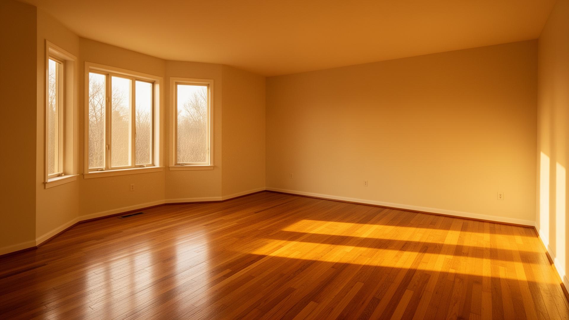 A spotless, broom-clean empty room with hardwood floors and warm golden sunlight streaming through bare windows