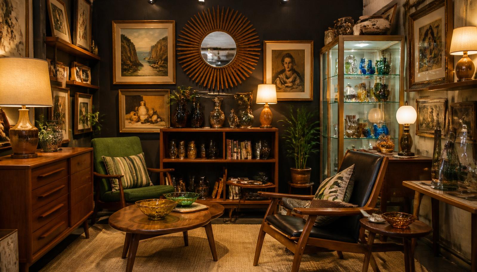 A beautifully styled antique mall booth with mid-century furniture, curated glassware, framed art and collectibles under warm lighting